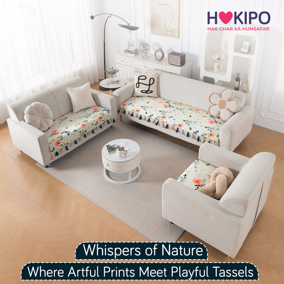'Whispers of Nature' Series Holland Velvet Sofa Mat with Tassel, Pastel Butterfly Meadow