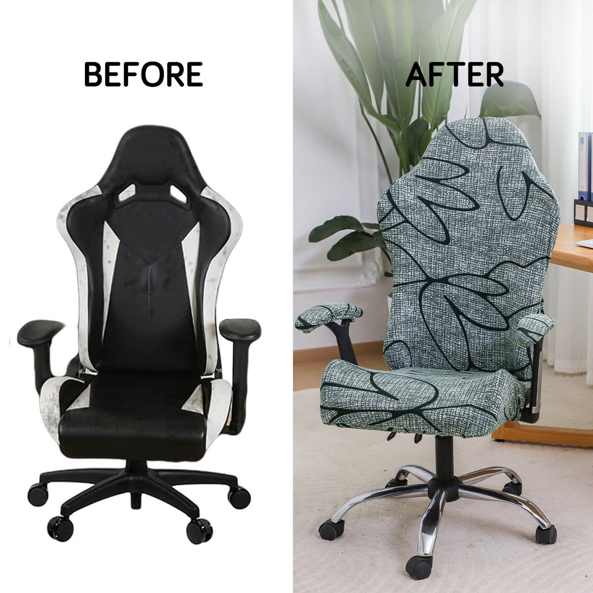 Printed Gaming Chair Seat Cover Elastic Computer Rotating Chair, Intense Grey Abstract Floral