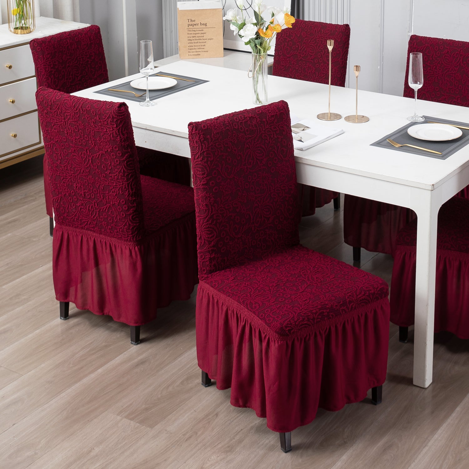 Elastic Stretchable Designer Woven Jacquard Dining Chair Cover with Frill, Wine Red