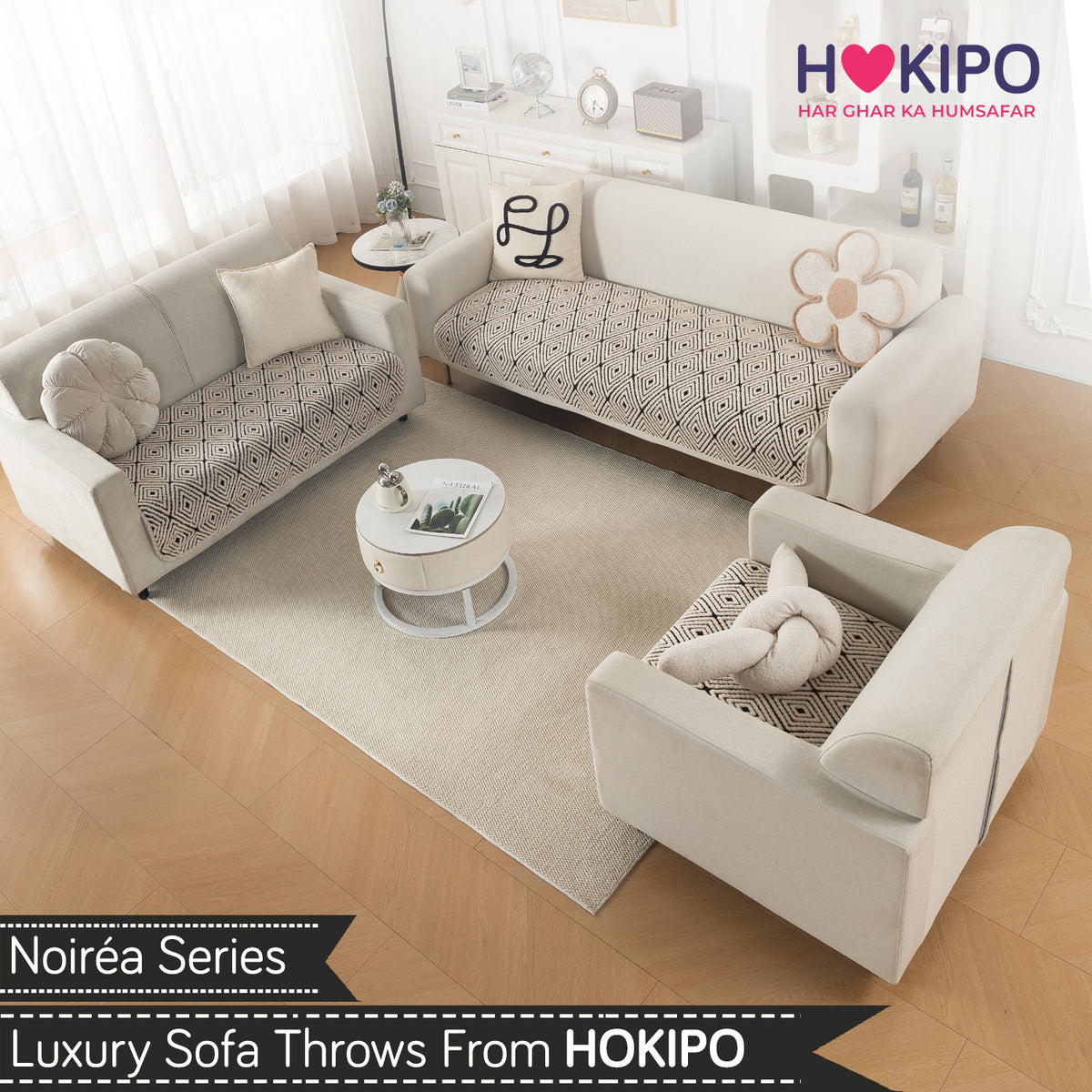 Luxury Plush Sherpa Anti Slip Combination Sofa Mat, 'Noirea Series'|Geometric Diamond