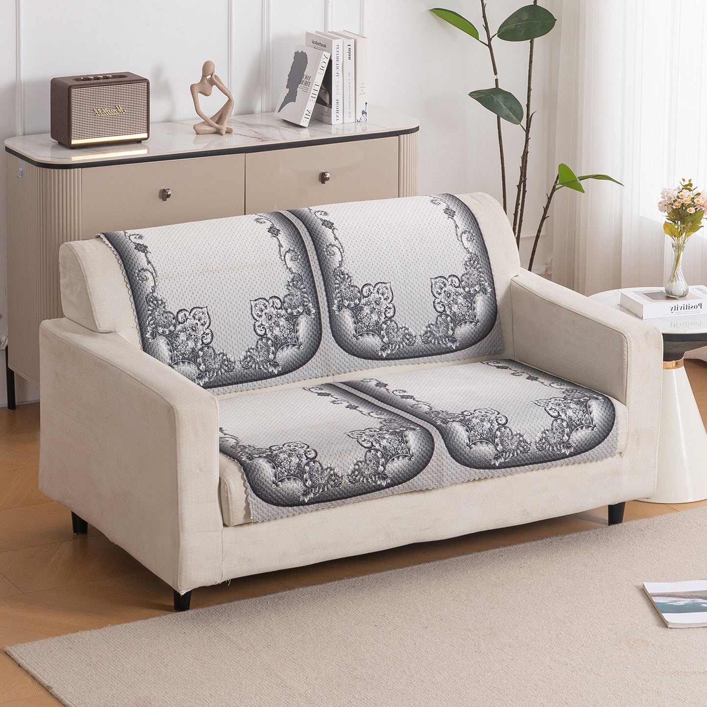 HeavenHue Fleece Soft Touch Quilted Sofa Cover Set Washable Sofa Panel for Seat & Back - Twilight Lace