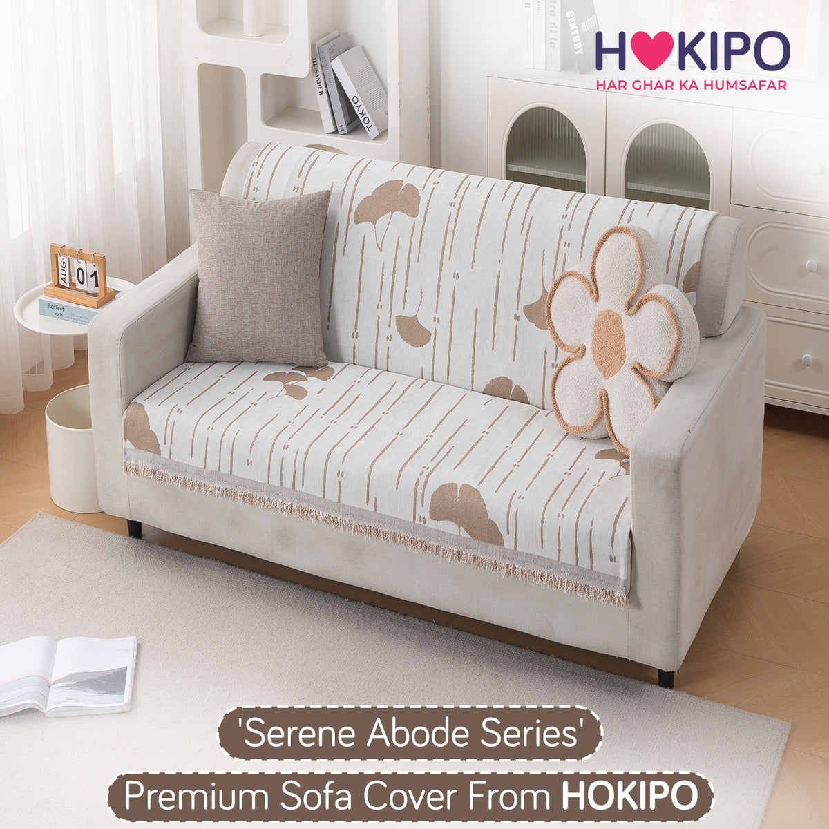 Premium 320 GSM Chenille Sofa Cover 'Serene Abode Series', Beige Ginkgo Lines