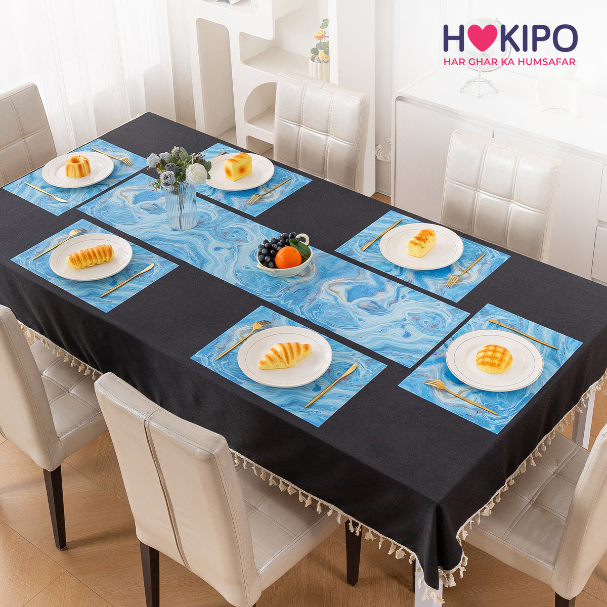 Marble Fusion PVC Mats for Dining Table, Aqua Swirl - Ocean Blue