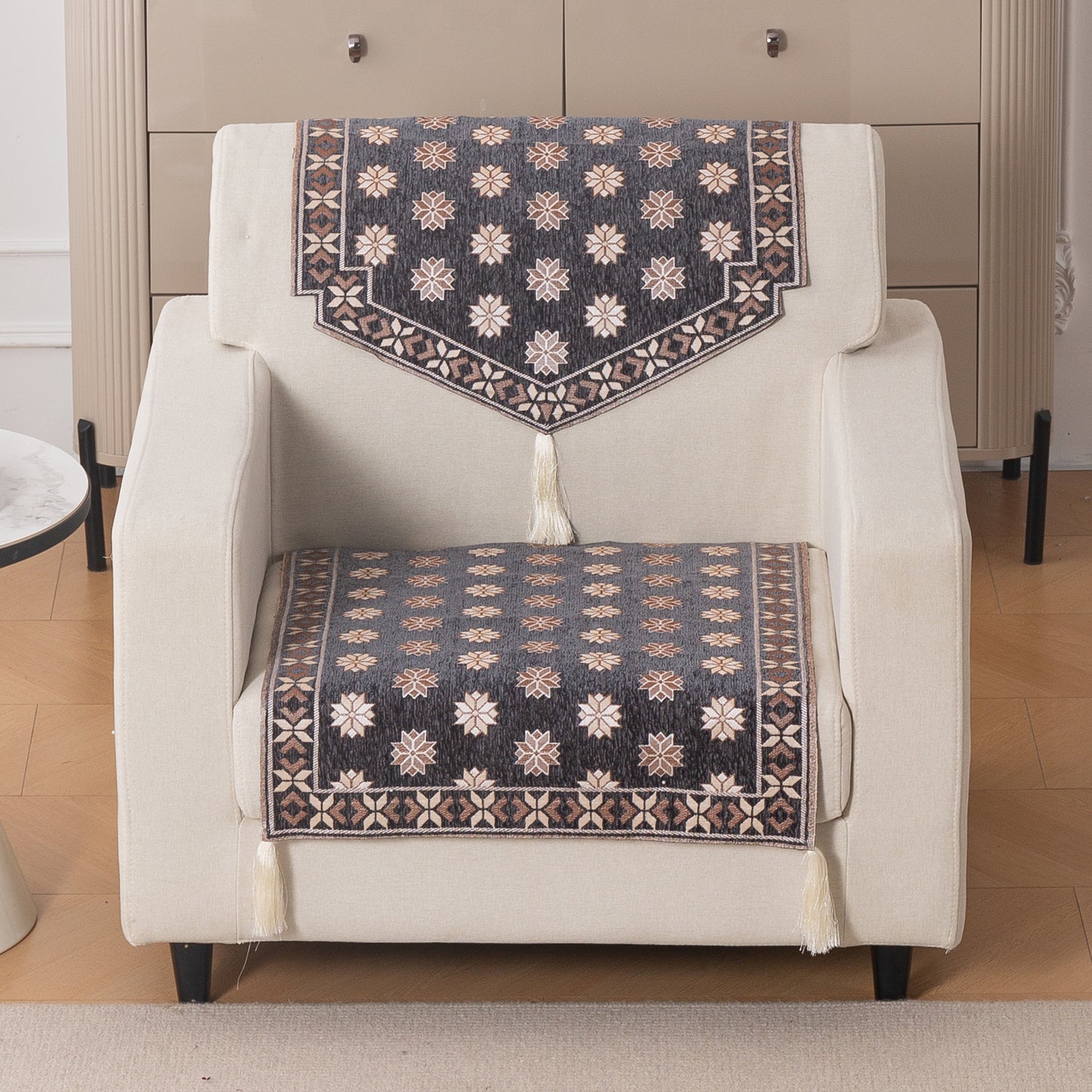 Heritage Weave Premium Jacquard Sofa Cover Set with Tassels - Graphite Grey
