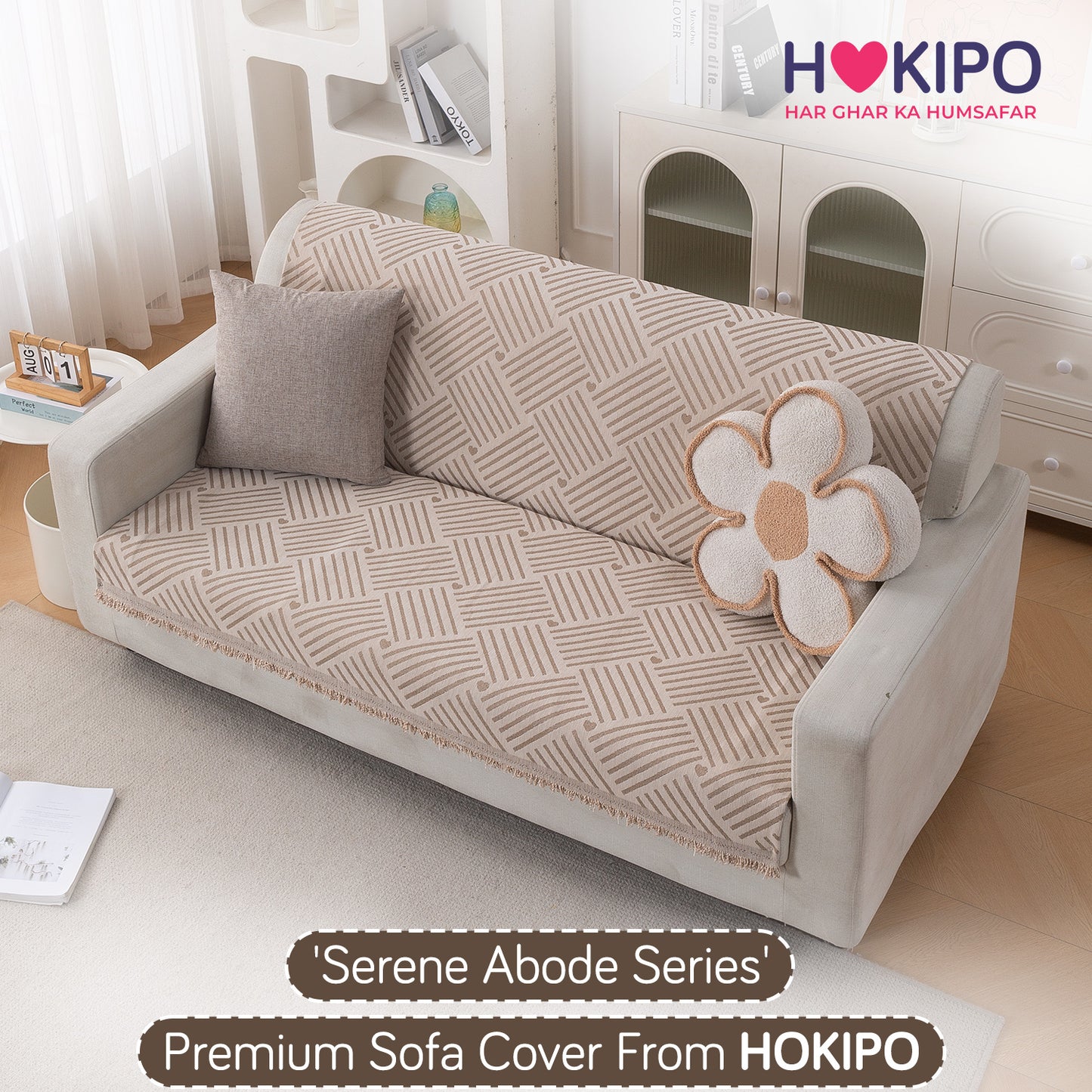Premium 320 GSM Chenille Sofa Cover 'Serene Abode Series', Beige Geo Weave