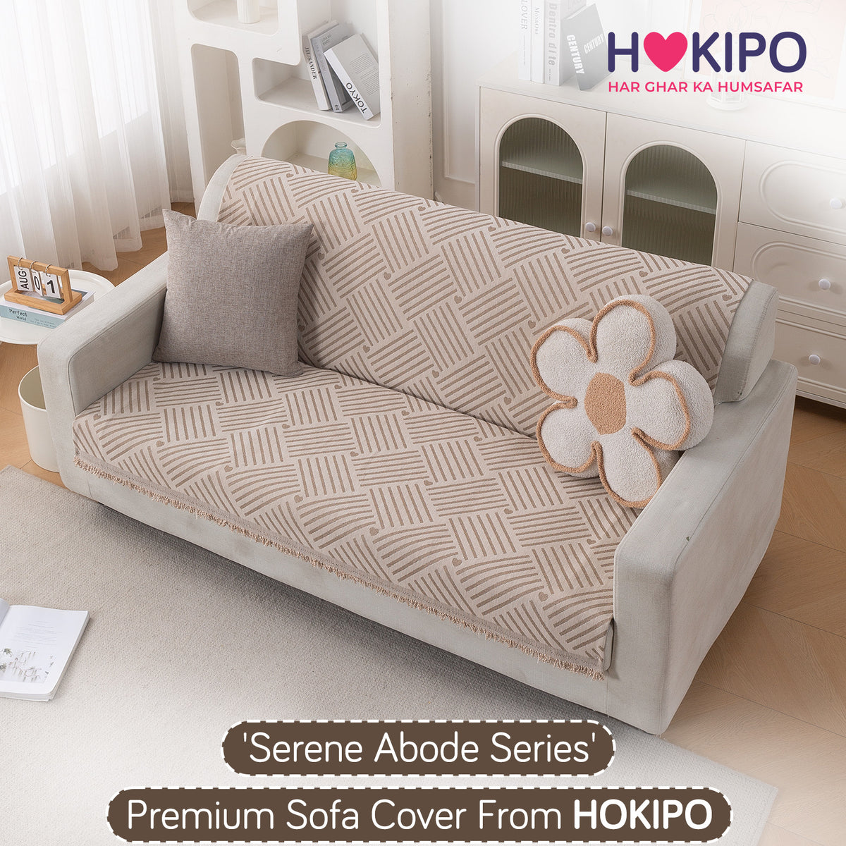 Premium 320 GSM Chenille Sofa Cover 'Serene Abode Series', Beige Geo Weave