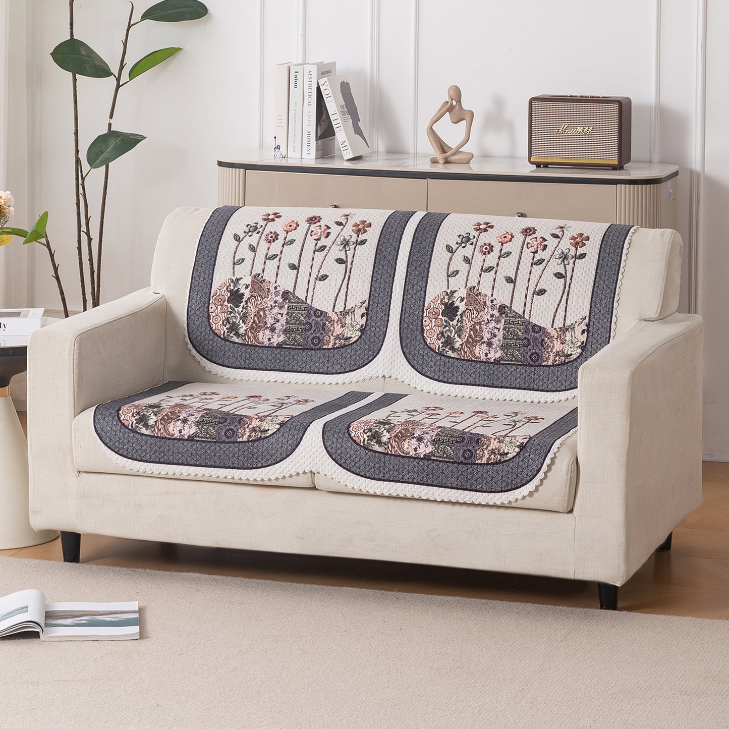 HeavenHue Fleece Soft Touch Quilted Sofa Cover Set Washable Sofa Panel for Seat & Back - Mystic Wings