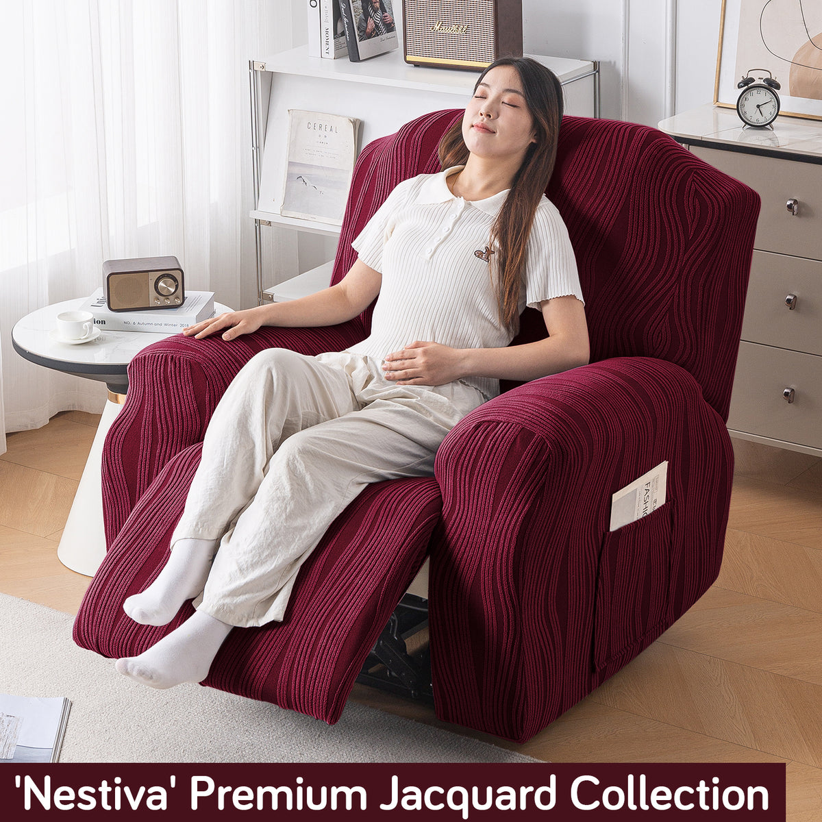 Buy Burgundy Colour Nestiva series knitting jacquard recliner sofa cover​ -  HOKIPO | Har Ghar ka Humsafar