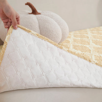 Quilted Sofa Seat Mat with Two Armrest Covers with Pockets for 1/2/3 Seater Sofa, Ogee Ivory