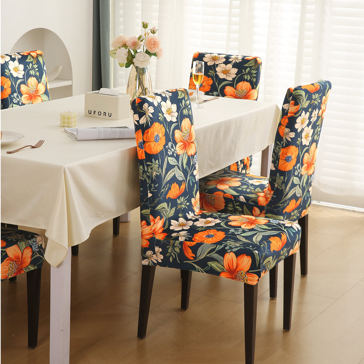 Premium Printed Velvet Dining Chair Cover Set, Teal Twilight Garden