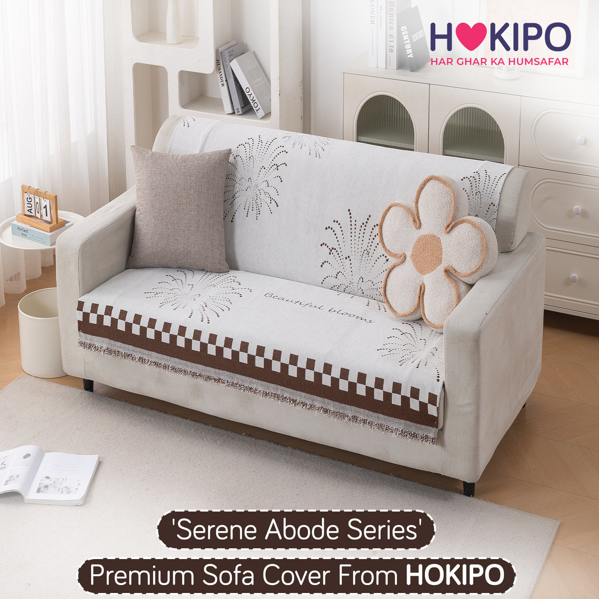 Premium 320 GSM Chenille Sofa Cover 'Serene Abode Series', Brown Dot Burst