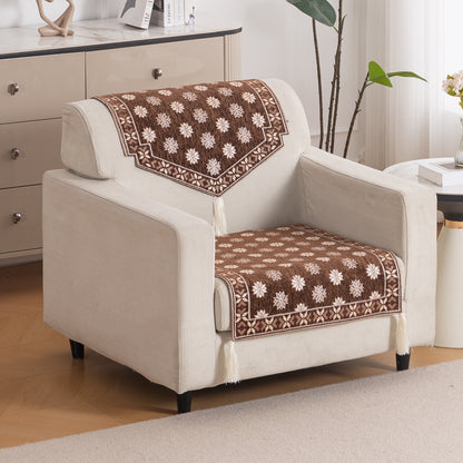 Heritage Weave Premium Jacquard Sofa Cover Set with Tassels - Russet Brown