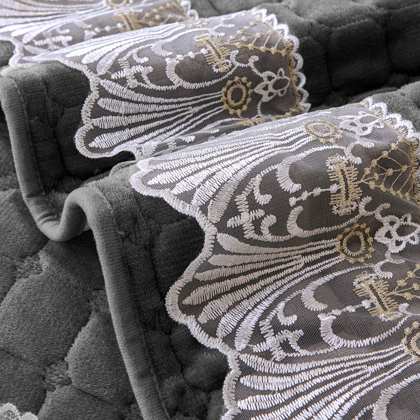 BelleLace Series Imperial Milk Velvet L Shape Sofa Cover Mat with Lace Design - Porpoise Grey