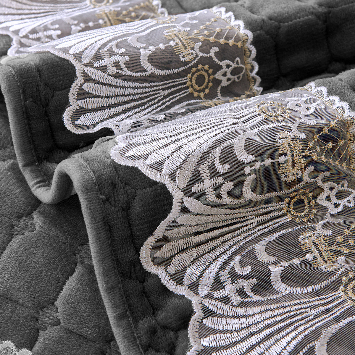 BelleLace Series Imperial Milk Velvet L Shape Sofa Cover Mat with Lace Design - Porpoise Grey