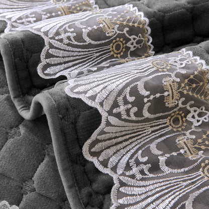 BelleLace Series Imperial Milk Velvet L Shape Sofa Cover Mat with Lace Design - Porpoise Grey