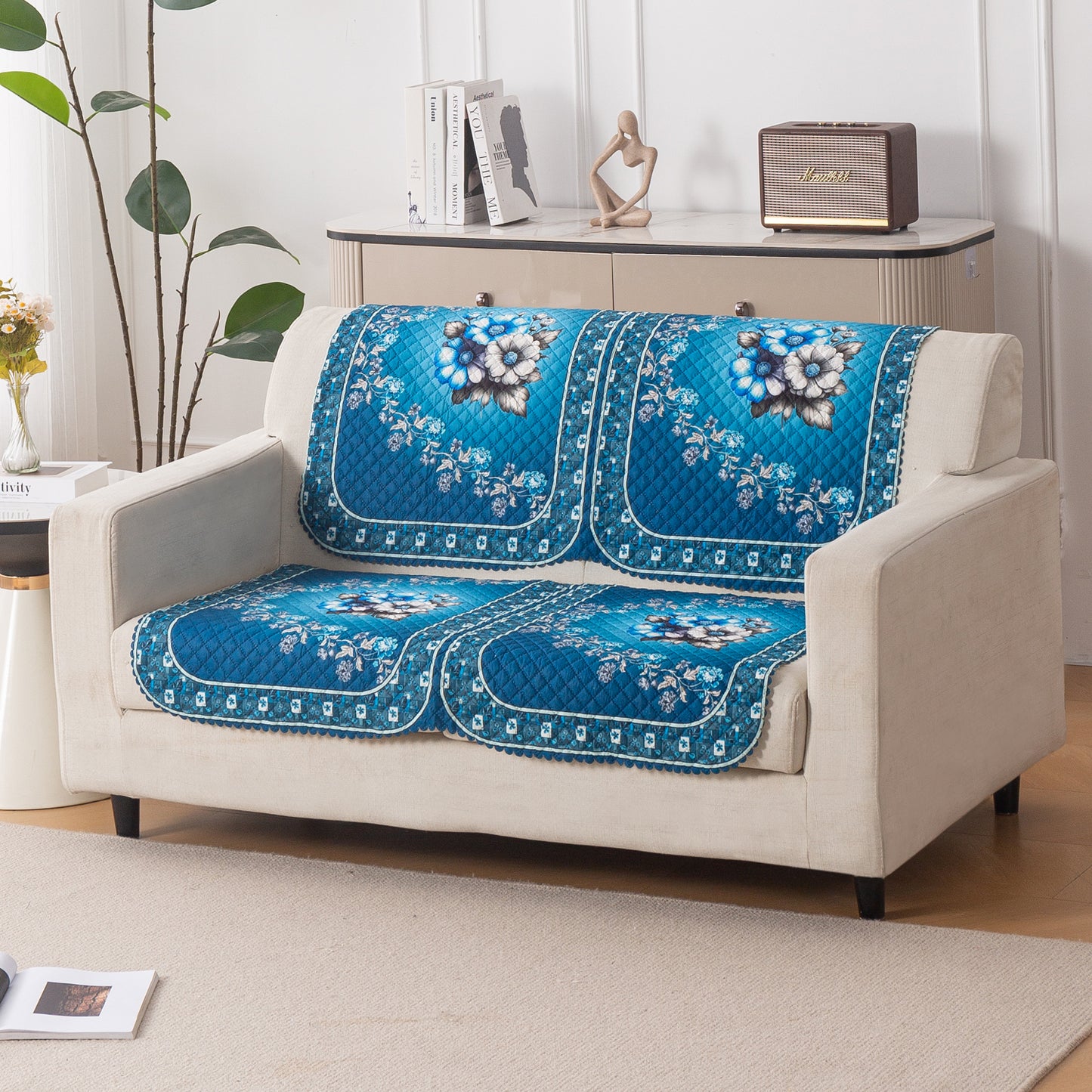 LoomVerse Quilted Sofa Cover Set Washable Sofa Panel for Seat & Back - Royal Meadow