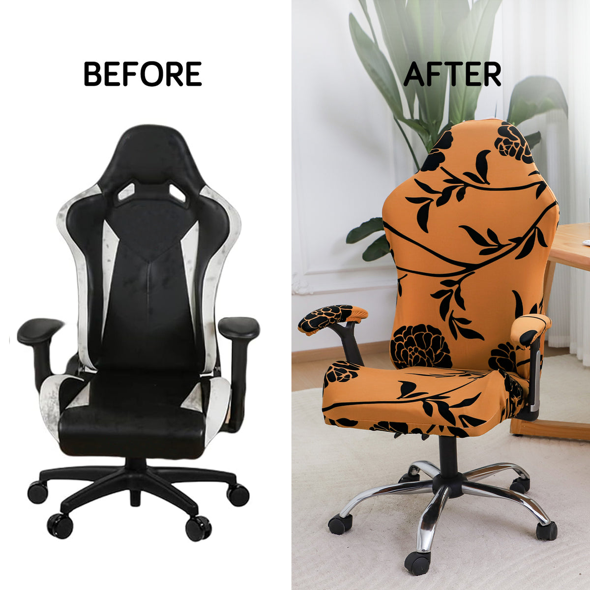 Printed Gaming Chair Seat Cover Elastic Computer Rotating Chair, Copper Brown Floral