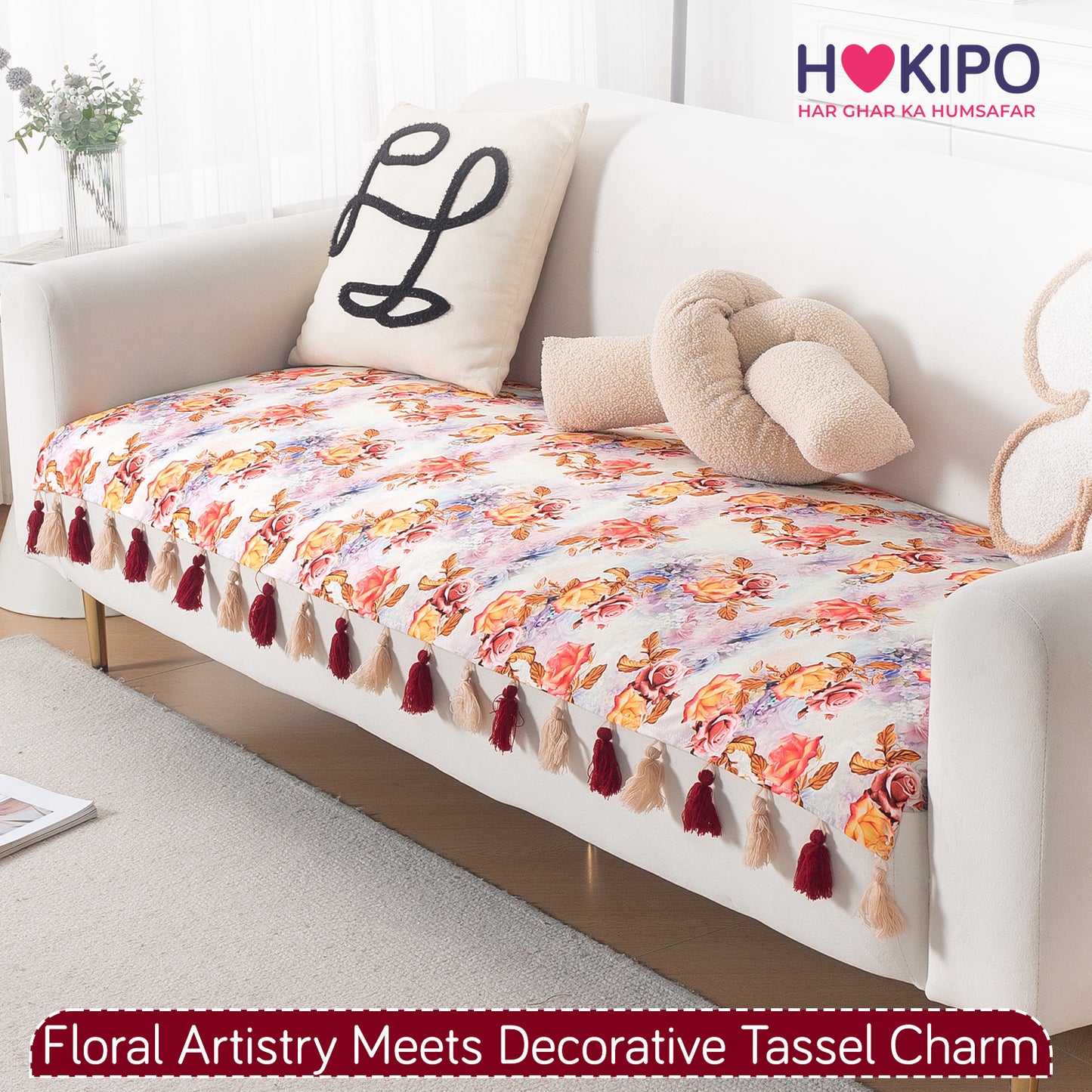 'Whispers of Nature' Series Holland Velvet Sofa Mat with Tassel, Vintage Rose Bloom