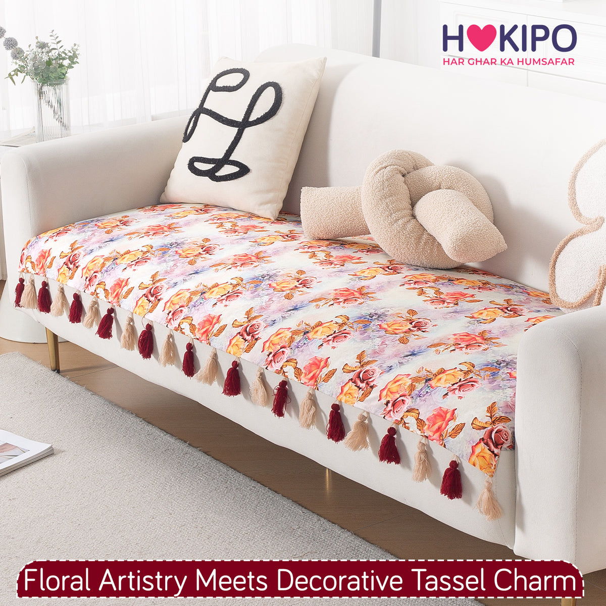 'Whispers of Nature' Series Holland Velvet Sofa Mat with Tassel, Vintage Rose Bloom