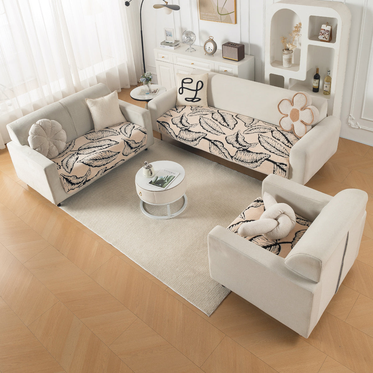 Luxury Plush Sherpa Anti Slip Combination Sofa Mat, 'Noirea Series'|Botanical Leaf