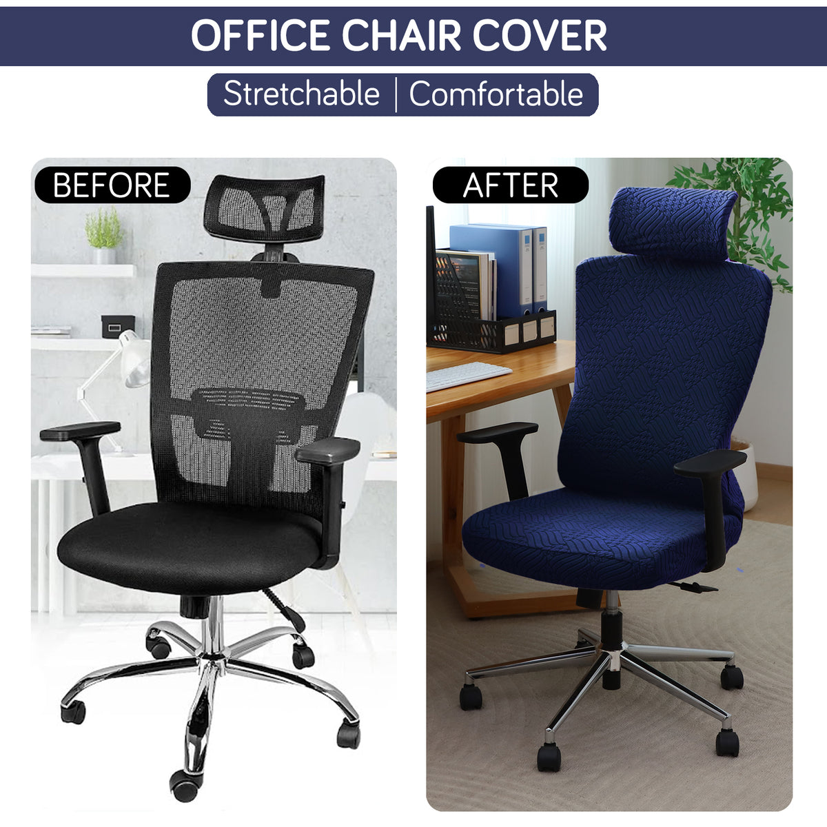 Office Chair Cover with Headrest (High-Back) – 170 GSM Stretch Jacquard – Washable, Anti-Slip Fit for Ergonomic Mesh Office Chairs, Navy Blue