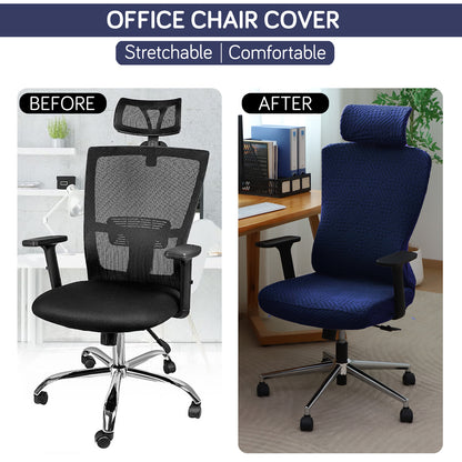 Office Chair Cover with Headrest (High-Back) – 170 GSM Stretch Jacquard – Washable, Anti-Slip Fit for Ergonomic Mesh Office Chairs, Navy Blue
