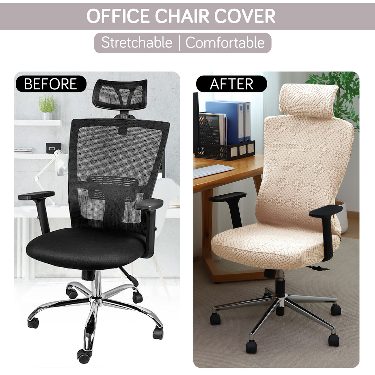 Office Chair Cover with Headrest (High-Back) – 170 GSM Stretch Jacquard – Washable, Anti-Slip Fit for Ergonomic Mesh Office Chairs, Beige