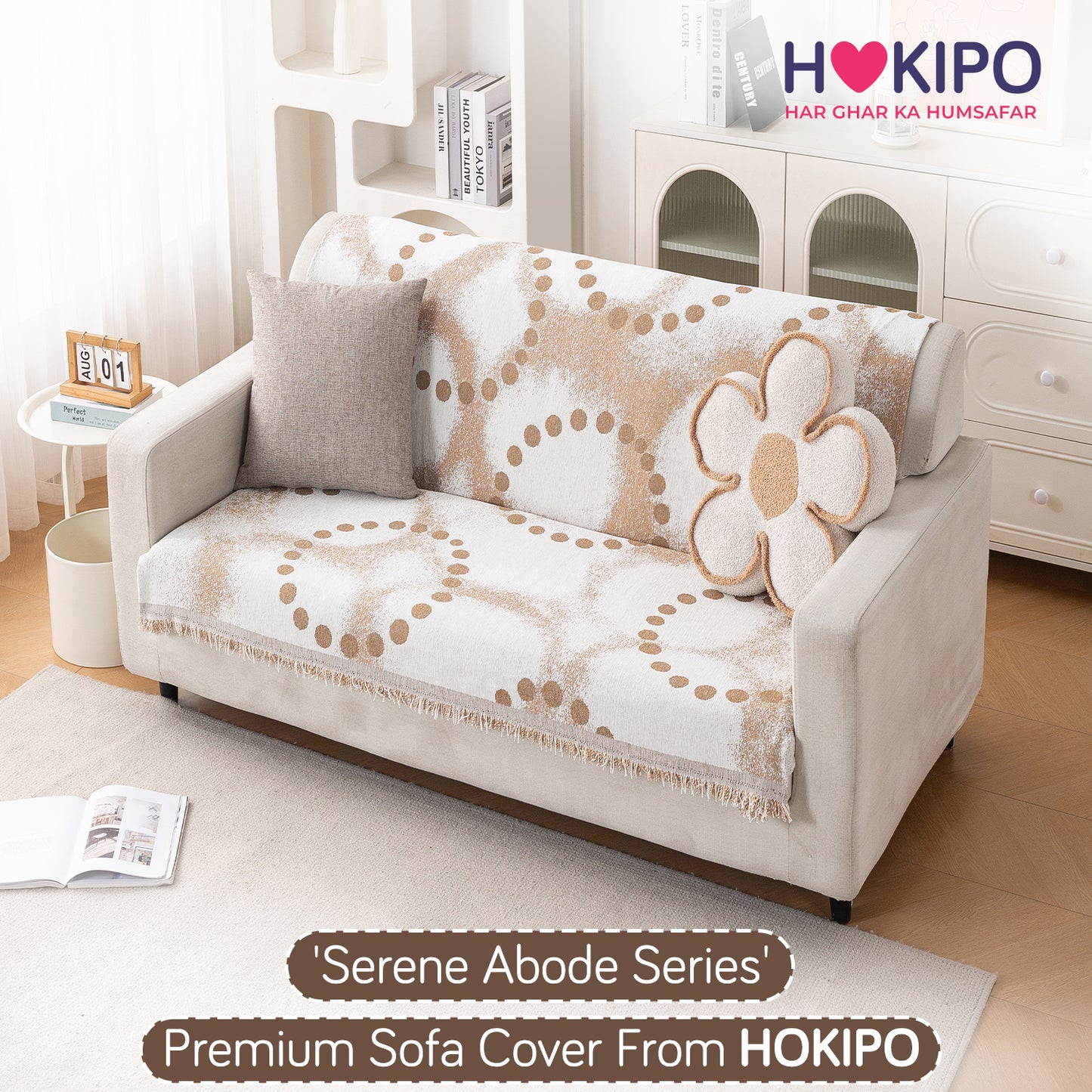 Premium 320 GSM Chenille Sofa Cover 'Serene Abode Series', Latte Dotted Wave