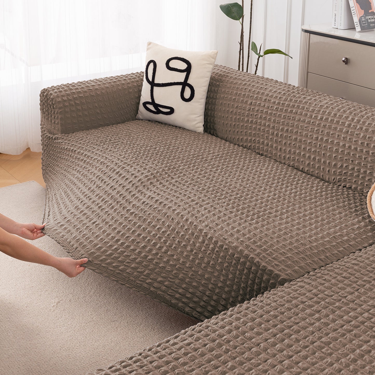 Aria Nova Bubble 2-Piece Stretchable L Shape Sofa Cover with Right Chaise, Mocha Brown