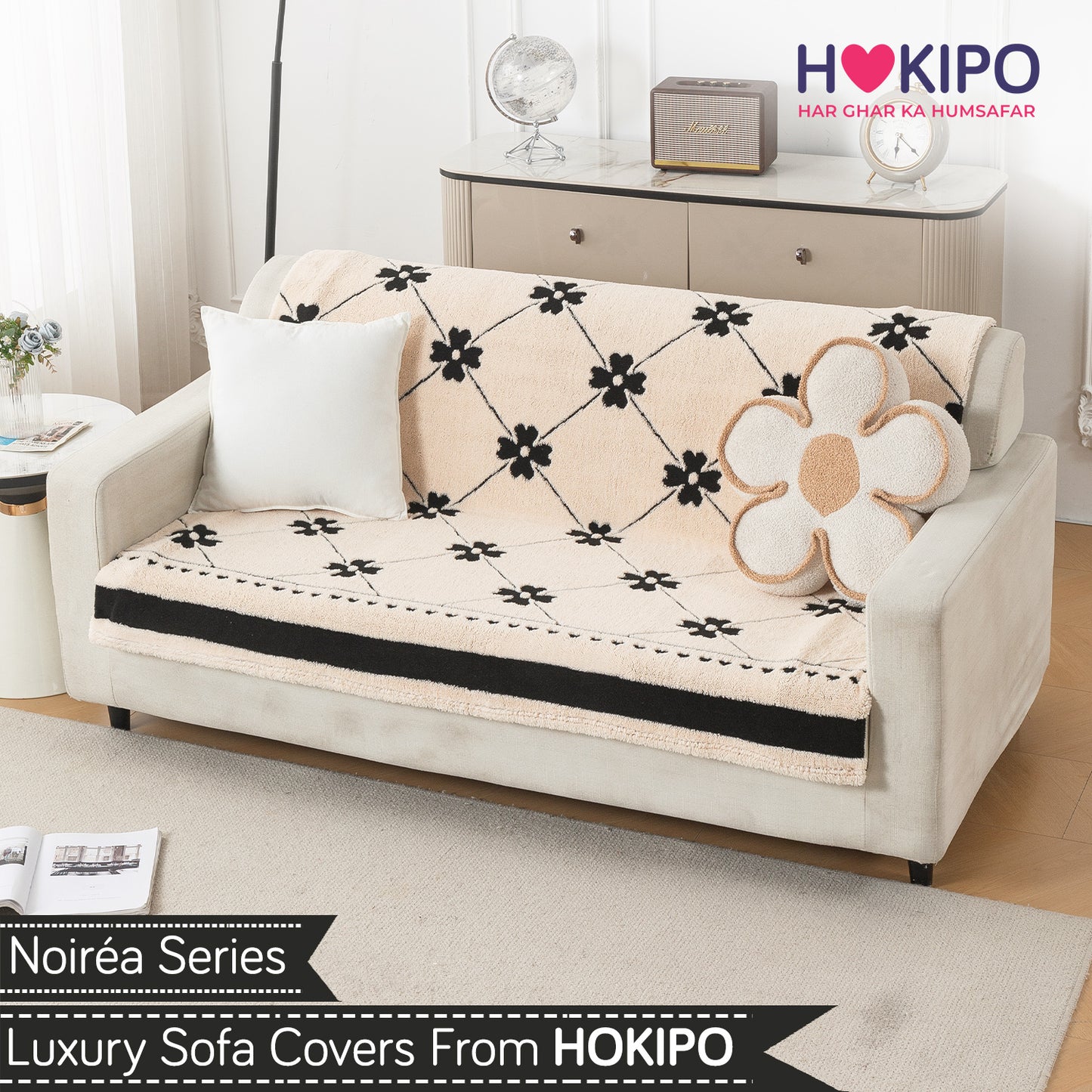 'Noirea Series' Plush Sofa Cover for Seat & Back, Floral Lattice