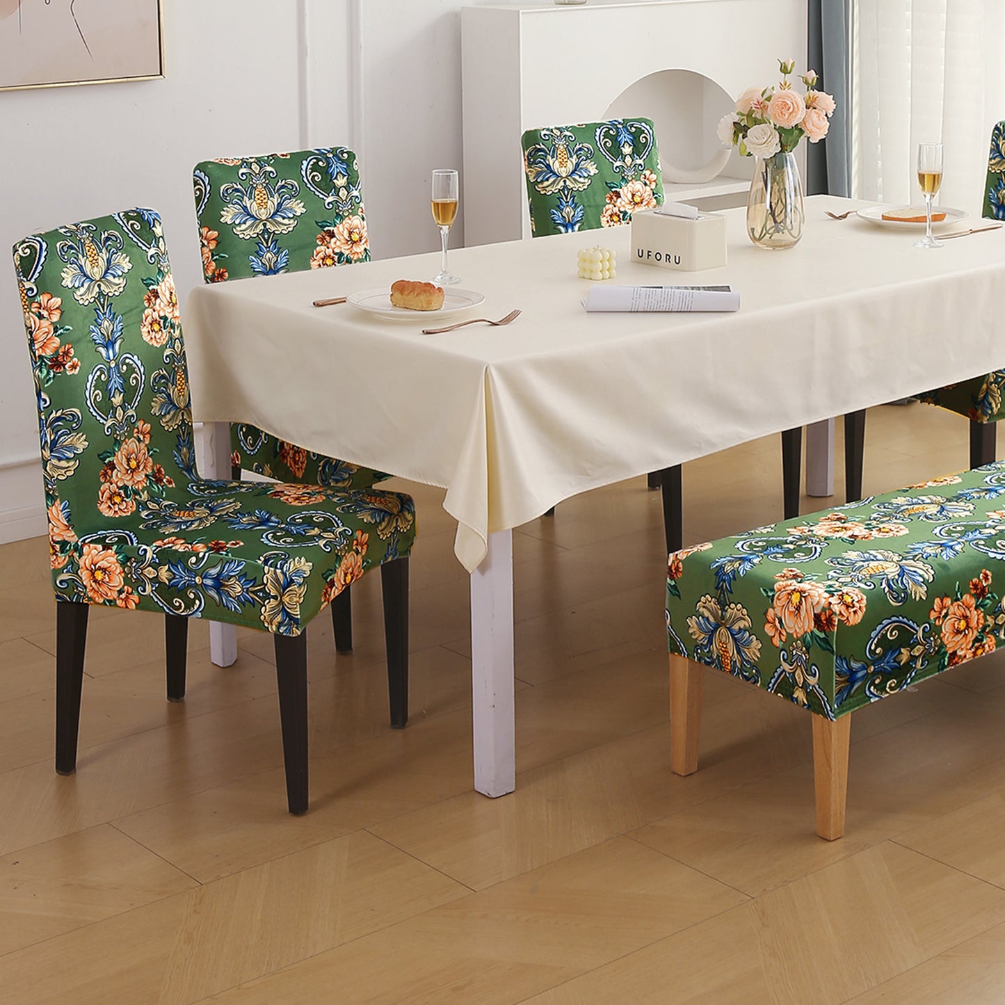 Premium Velvet Cover Set for 4 Dining Chairs + 1 Dining Bench, Green Victorian Garden