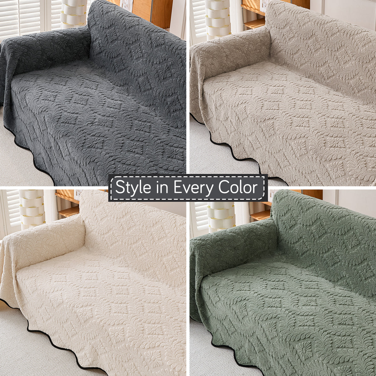 'Wavy Petal Crest Series' Plush Sofa Cover Throw for Complete Sofa, Charcoal Grey