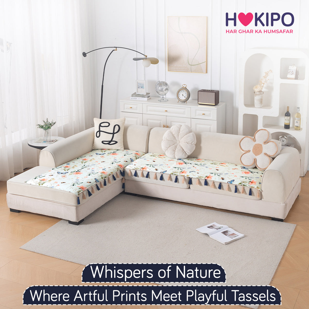 Whispers of Nature' Series Holland Velvet L Shape Sofa Cover Seat Mat with Tassels, Pastel Butterfly Meadow