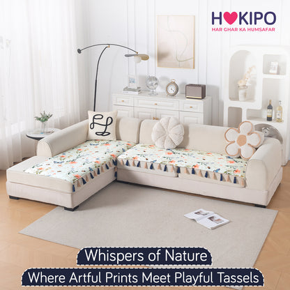 Whispers of Nature' Series Holland Velvet L Shape Sofa Cover Seat Mat with Tassels, Pastel Butterfly Meadow
