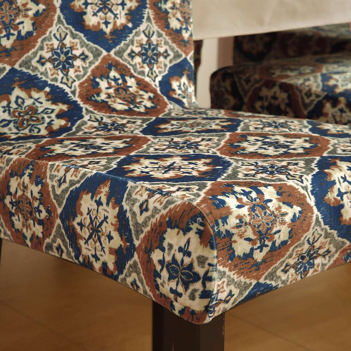 Premium Printed Velvet Dining Chair Cover Set, Indigo Moroccan Charm