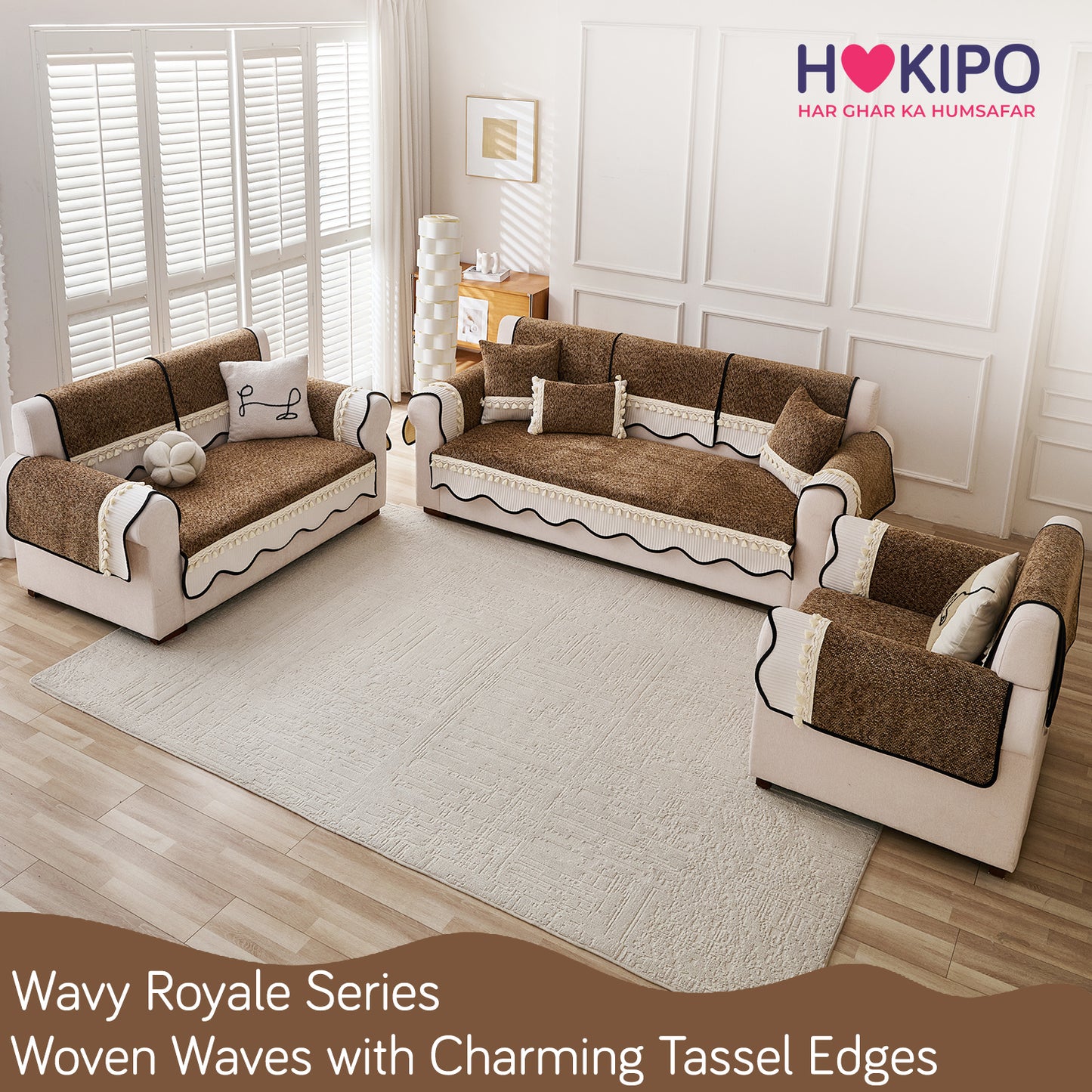 Thick Woven Weave Chenille Sofa Cover with Tassel|'Wavy Royale Series' Chestnut Brown
