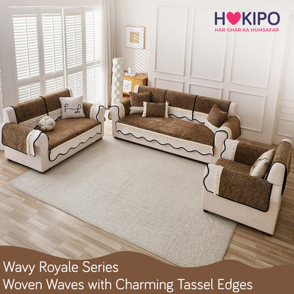 Thick Woven Weave Chenille Sofa Cover with Tassel|'Wavy Royale Series' Chestnut Brown