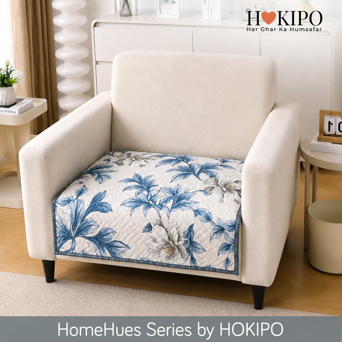 'Homehues' Printed Quilted Sofa Cover Mats, Celadon Blue Camellia