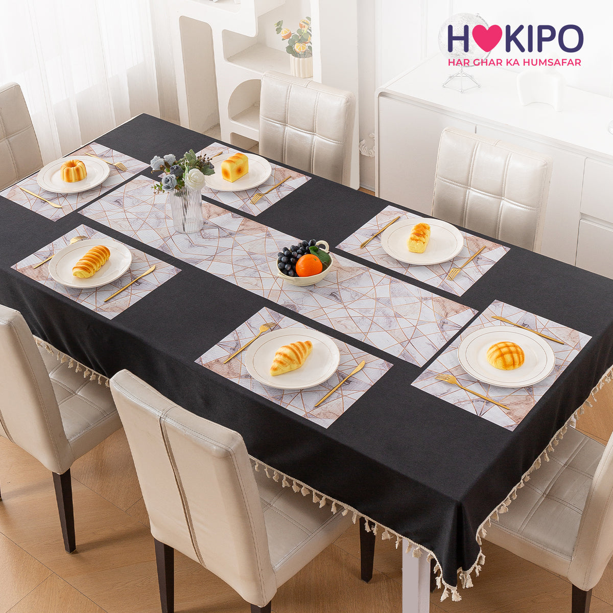 Marble Fusion PVC Mats for Dining Table, Angular Aura - Cream Gold