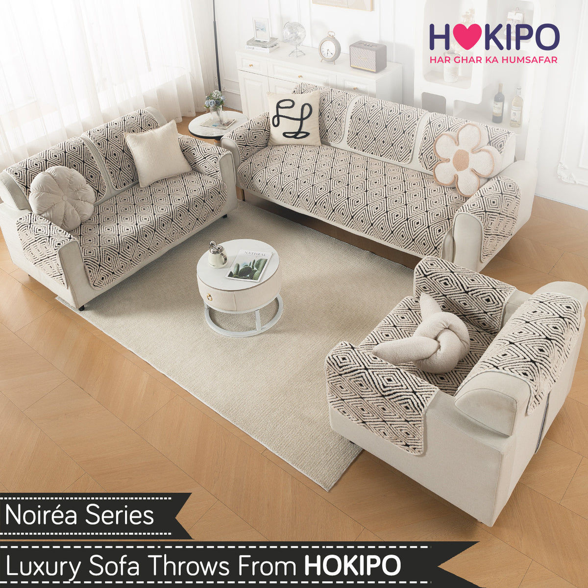 Luxury Plush Sherpa Anti-Slip Sofa Cover Mat, 'Noirea Series'| Geometric Diamond