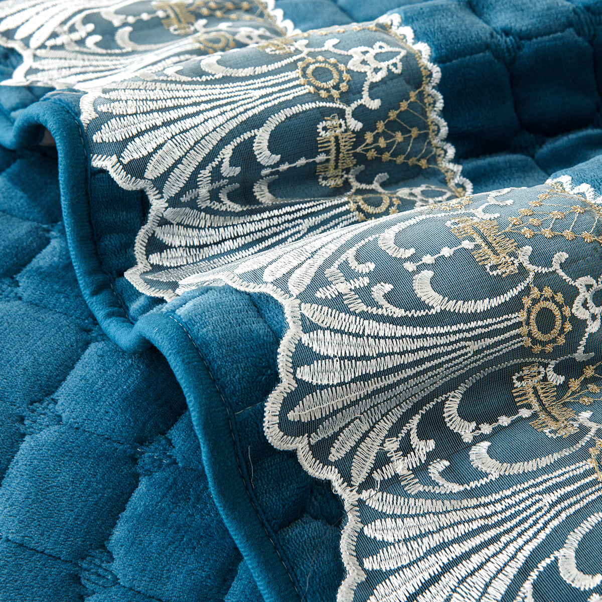 BelleLace Series Imperial Milk Velvet L Shape Sofa Cover Mat with Lace Design - Celdaon Blue