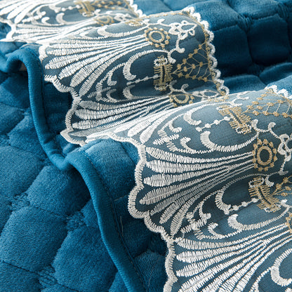 BelleLace Series Imperial Milk Velvet L Shape Sofa Cover Mat with Lace Design - Celdaon Blue