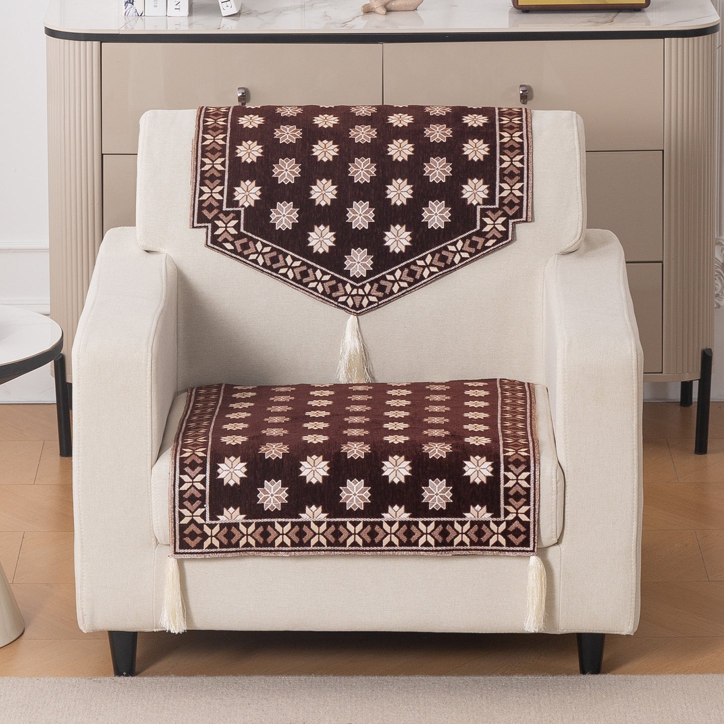 Heritage Weave Premium Jacquard Sofa Cover Set with Tassels - Coffee Brown
