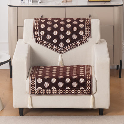 Heritage Weave Premium Jacquard Sofa Cover Set with Tassels - Coffee Brown