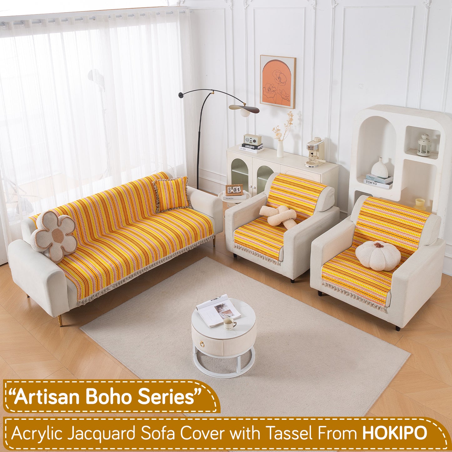 Artisan Boho Series 5-Seater Sofa Cover with Tassels (3+1+1), Mustard Yellow