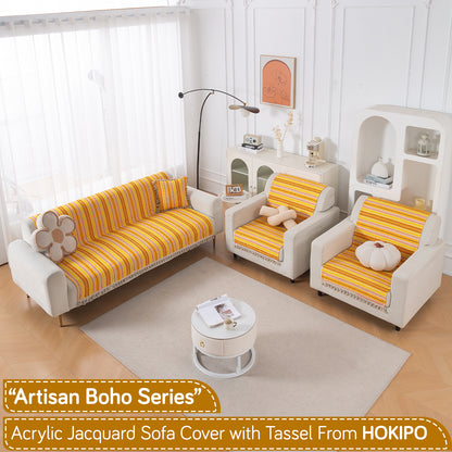 Artisan Boho Series 5-Seater Sofa Cover with Tassels (3+1+1), Mustard Yellow