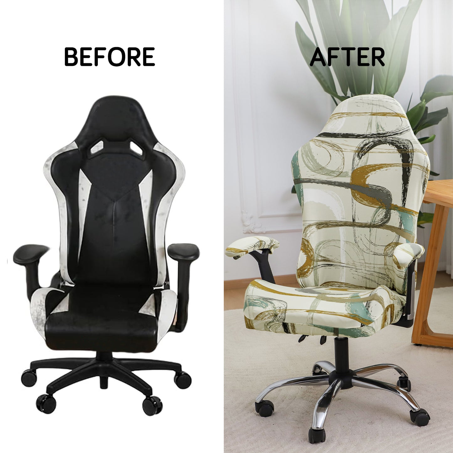 Printed Gaming Chair Seat Cover Elastic Computer Rotating Chair, Parchement Beige Abstract Art