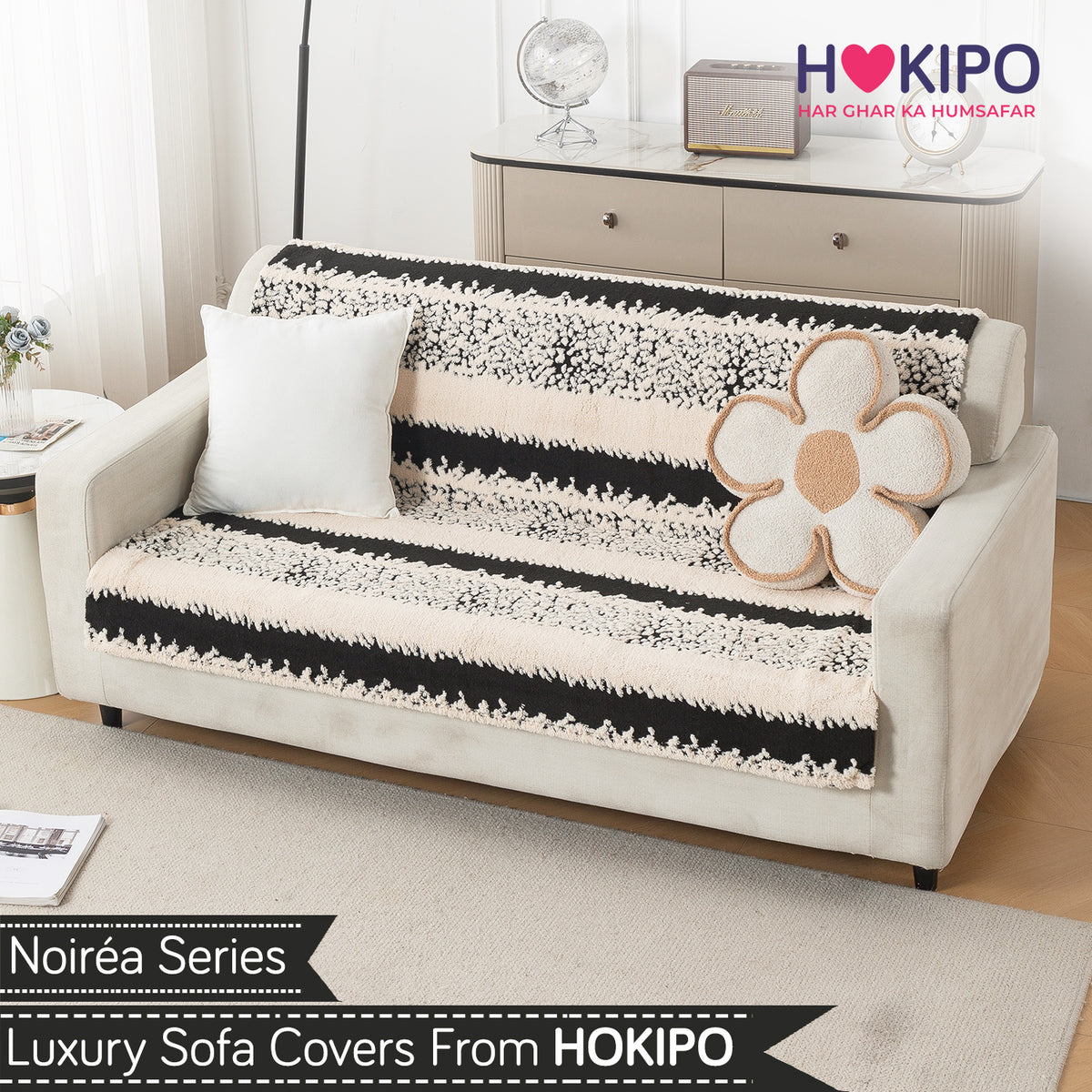 'Noirea Series' Plush Sofa Cover for Seat & Back, Textured Stripe