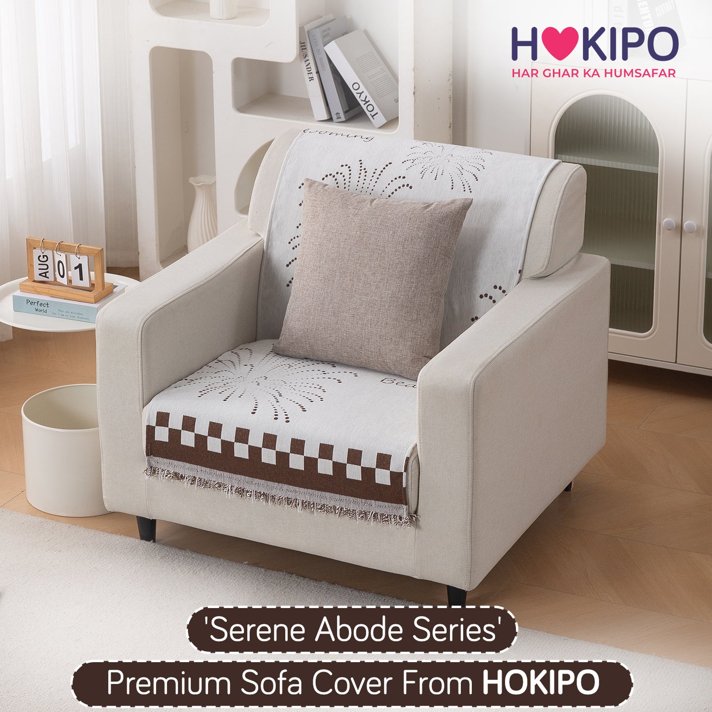 Premium 320 GSM Chenille Sofa Cover 'Serene Abode Series', Brown Dot Burst
