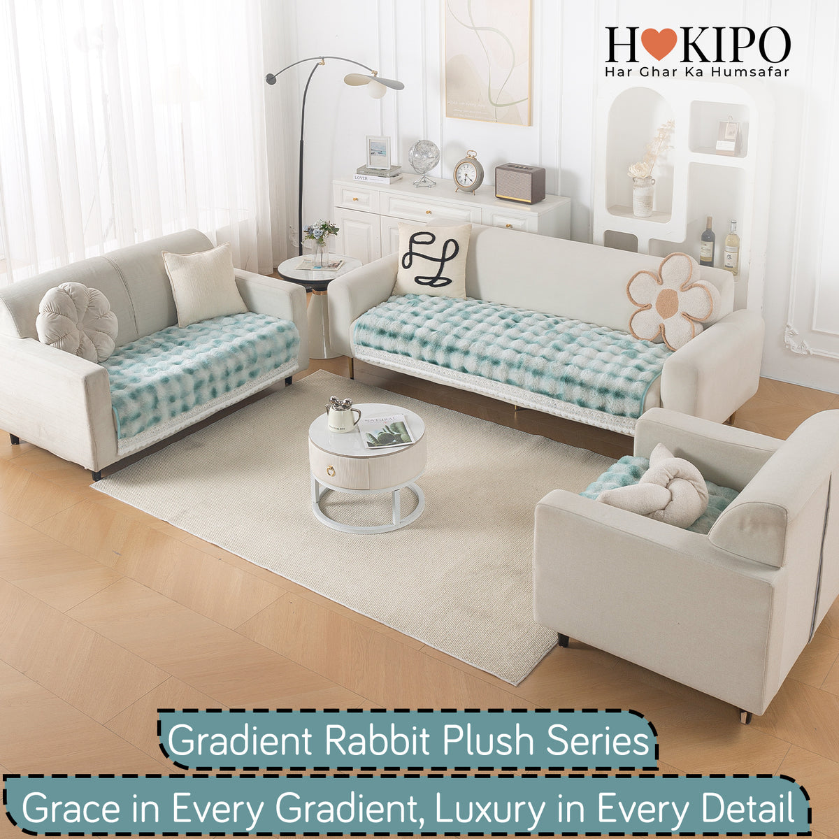 Faux Rabbit Fur Sofa Cover with Lace |Gradient Rabbit Plush, Green